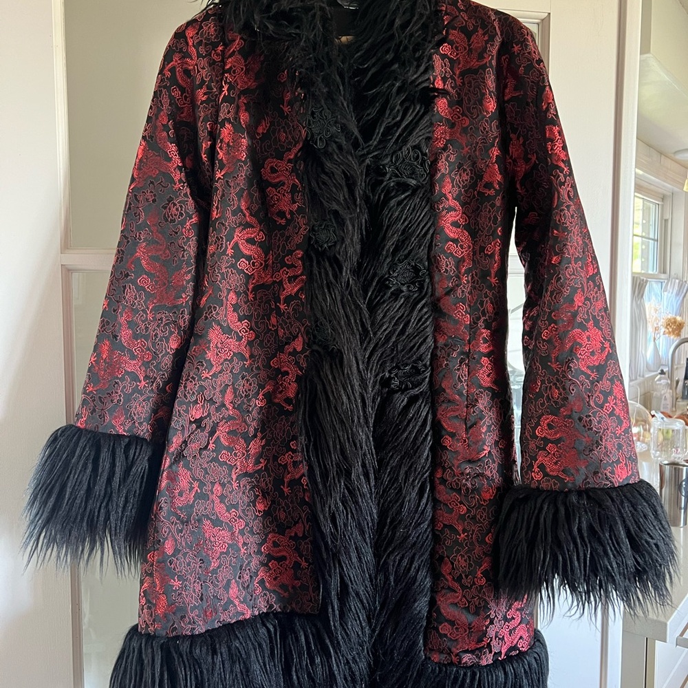 Halloween Black and Red Coat with Fur Trim